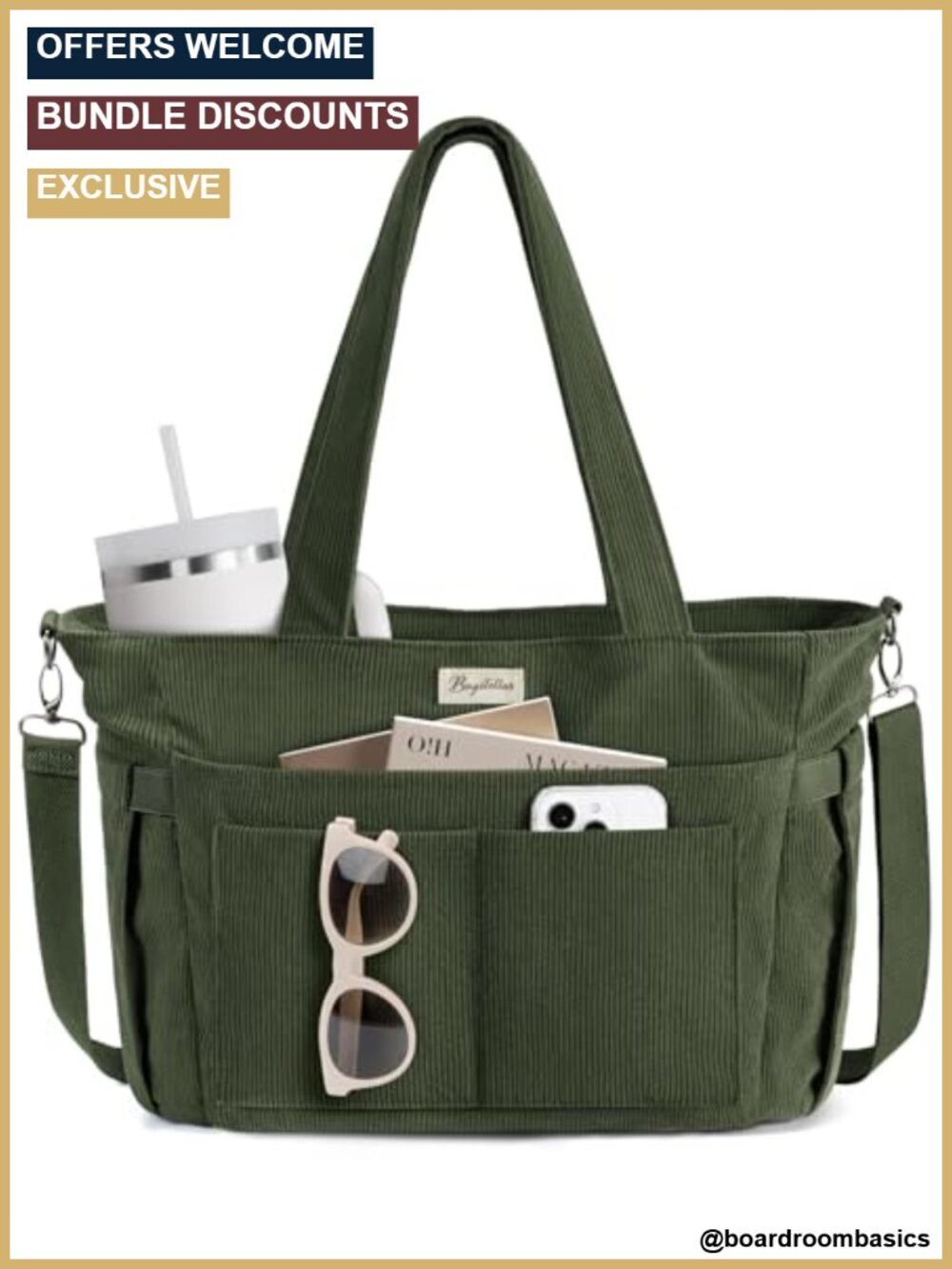Corduroy Tote Bag with 17 Pockets, Fits 15.6" Laptop and 40oz Tumbler